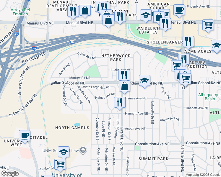 map of restaurants, bars, coffee shops, grocery stores, and more near 1530 Vassar Drive Northeast in Albuquerque