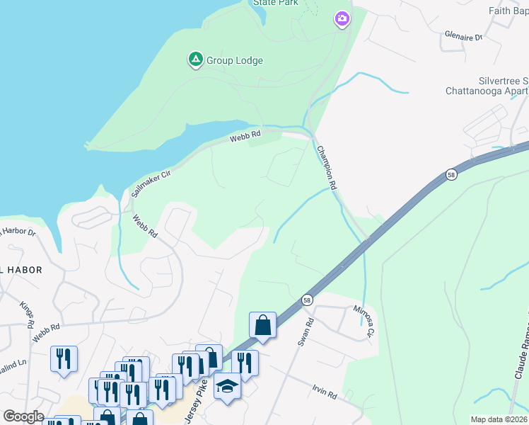 map of restaurants, bars, coffee shops, grocery stores, and more near 5260 Rotary Drive in Chattanooga