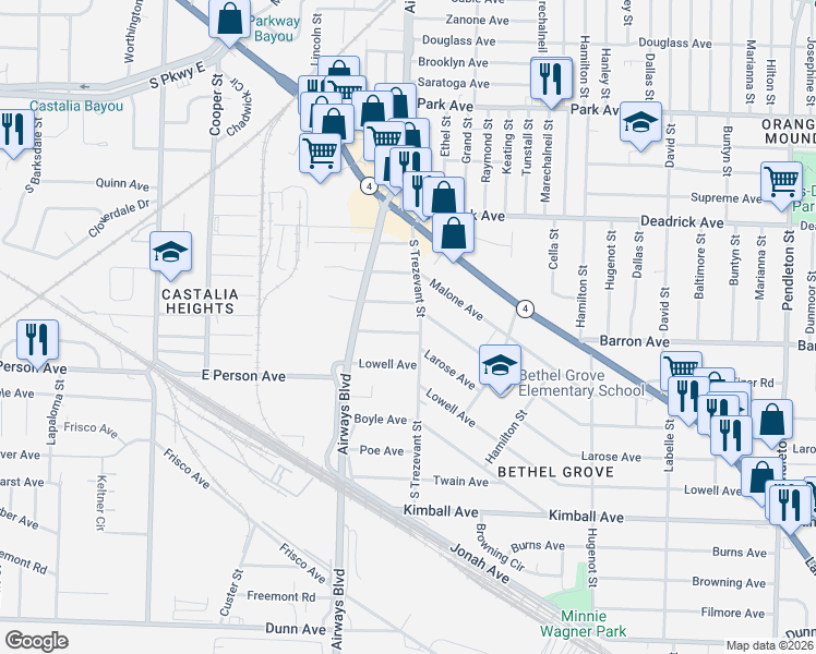 map of restaurants, bars, coffee shops, grocery stores, and more near 2344 Larose Avenue in Memphis