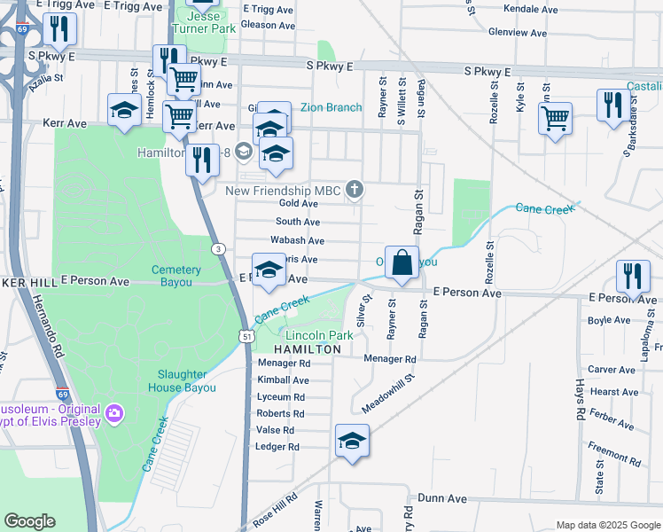 map of restaurants, bars, coffee shops, grocery stores, and more near 1477 Doris Avenue in Memphis