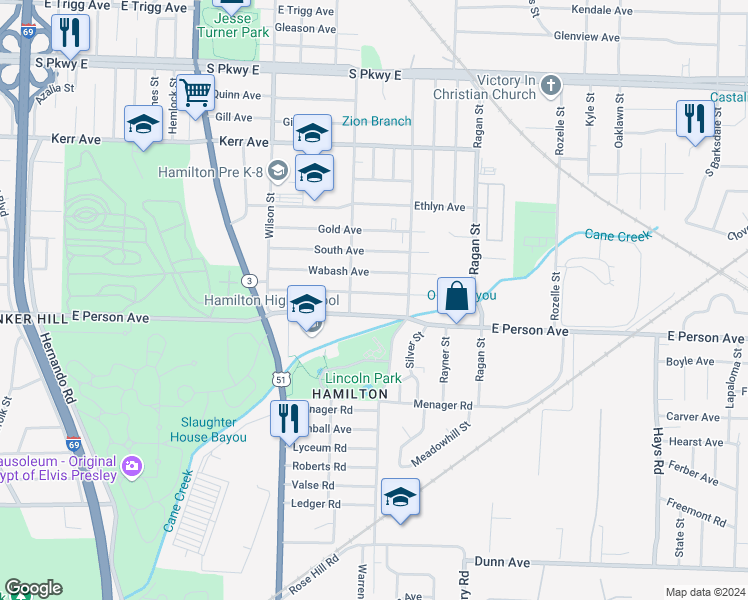 map of restaurants, bars, coffee shops, grocery stores, and more near 1477 Doris Avenue in Memphis