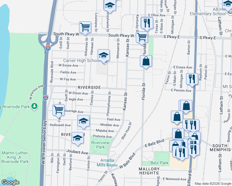 map of restaurants, bars, coffee shops, grocery stores, and more near 99 West Person Avenue in Memphis