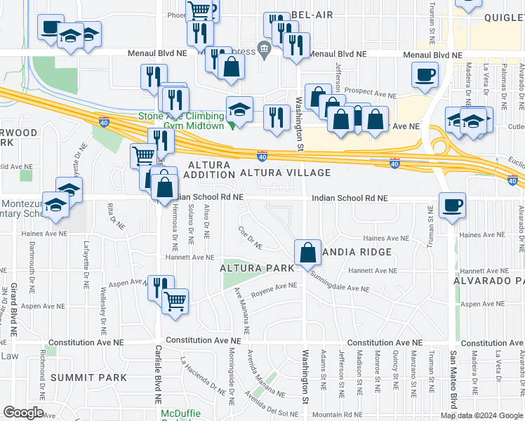 map of restaurants, bars, coffee shops, grocery stores, and more near 1901 Avenida Alturas Northeast in Albuquerque