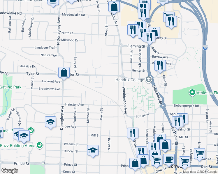 map of restaurants, bars, coffee shops, grocery stores, and more near 1605 Clifton Street in Conway