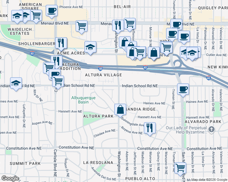 map of restaurants, bars, coffee shops, grocery stores, and more near 4304 Vía De Luna Northeast in Albuquerque
