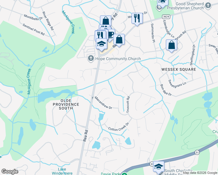 map of restaurants, bars, coffee shops, grocery stores, and more near 4604 Twynham Lane in Charlotte