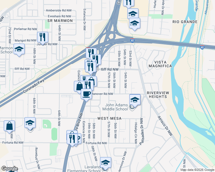 map of restaurants, bars, coffee shops, grocery stores, and more near 5701 La Anita Avenue Northwest in Albuquerque