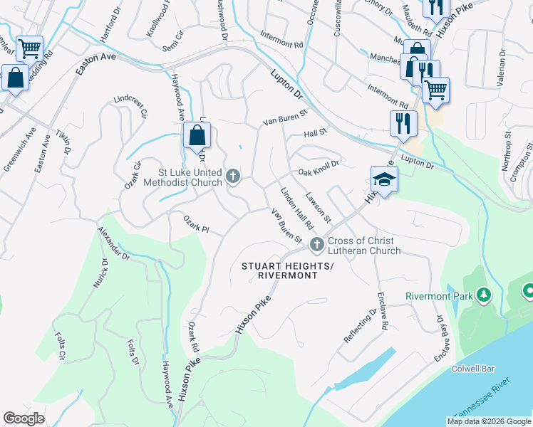 map of restaurants, bars, coffee shops, grocery stores, and more near 3122 Ozark Road in Chattanooga