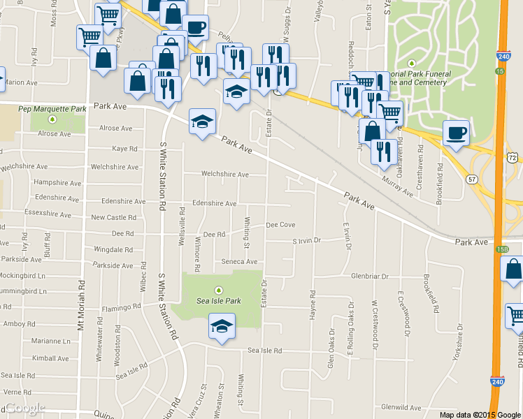 map of restaurants, bars, coffee shops, grocery stores, and more near 1109 Estate Drive in Memphis