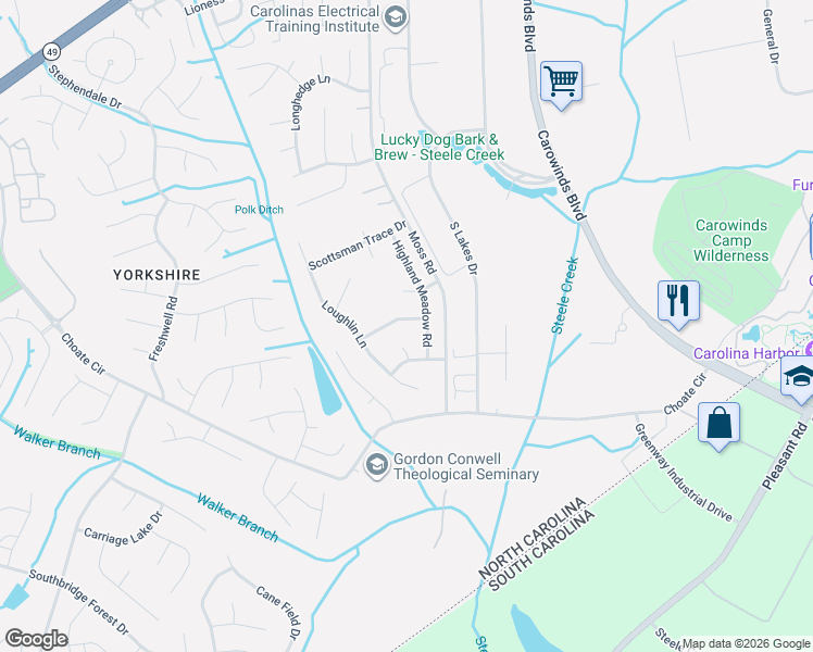 map of restaurants, bars, coffee shops, grocery stores, and more near 14706 Vaughan Drive in Charlotte