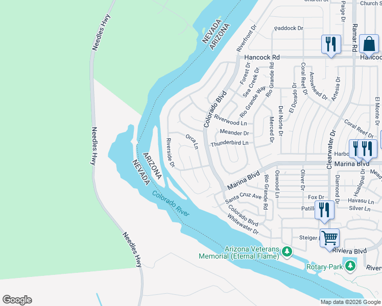 map of restaurants, bars, coffee shops, grocery stores, and more near 1935 Orca Lane in Bullhead City
