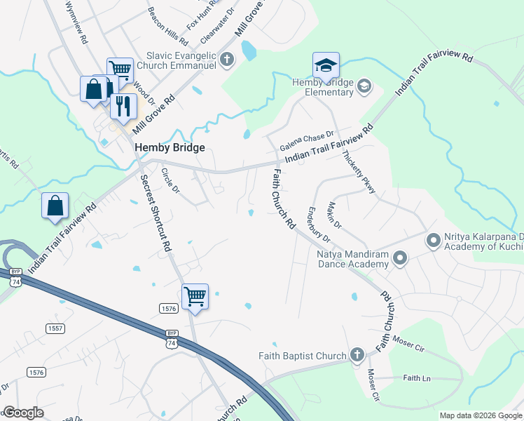 map of restaurants, bars, coffee shops, grocery stores, and more near 645 Faith Church Road in Indian Trail