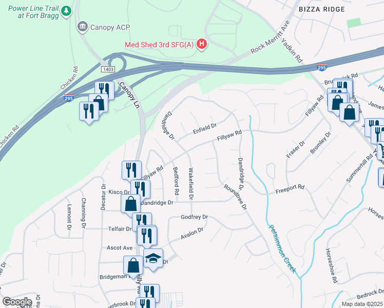 map of restaurants, bars, coffee shops, grocery stores, and more near 7143 Fillyaw Road in Fayetteville