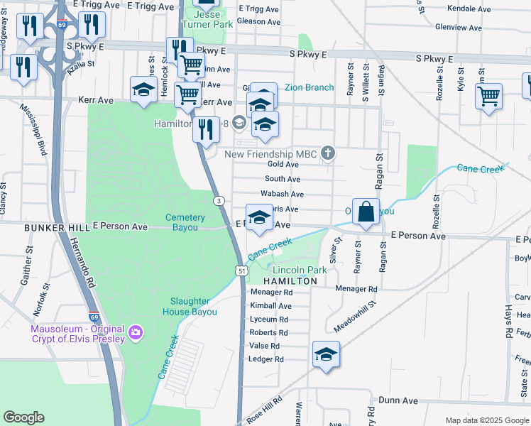 map of restaurants, bars, coffee shops, grocery stores, and more near 1385 Doris Avenue in Memphis
