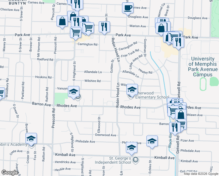 map of restaurants, bars, coffee shops, grocery stores, and more near in Memphis