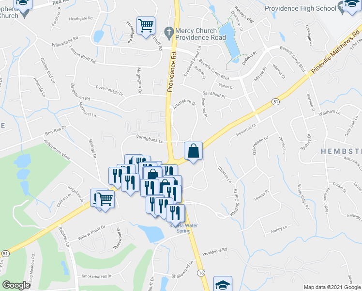 map of restaurants, bars, coffee shops, grocery stores, and more near 7704 Arboretum Drive in Charlotte