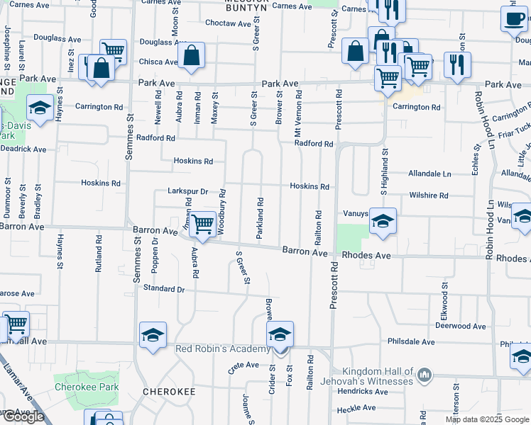 map of restaurants, bars, coffee shops, grocery stores, and more near 1114 Parkland Road in Memphis