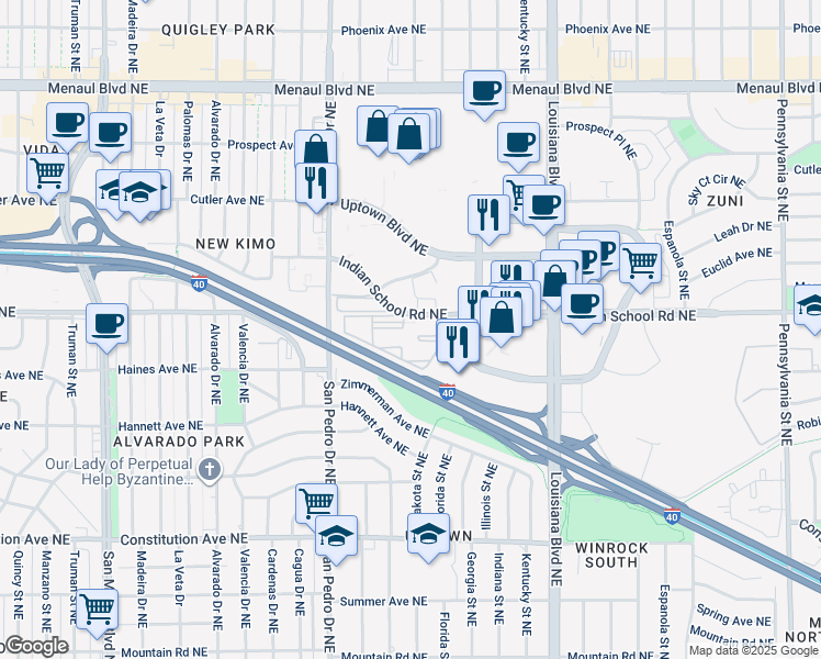 map of restaurants, bars, coffee shops, grocery stores, and more near 6220 Indian School Road Northeast in Albuquerque