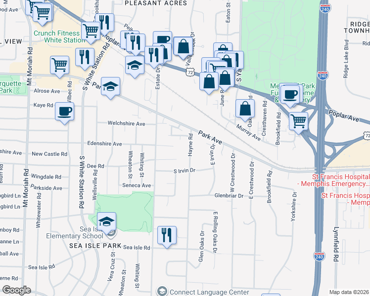 map of restaurants, bars, coffee shops, grocery stores, and more near 1105 Hayne Road in Memphis