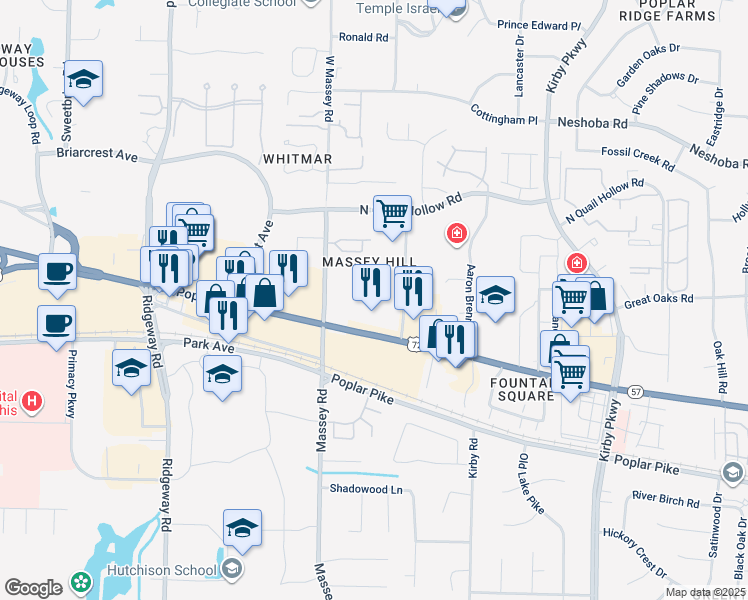 map of restaurants, bars, coffee shops, grocery stores, and more near 6410 Poplar Avenue in Memphis