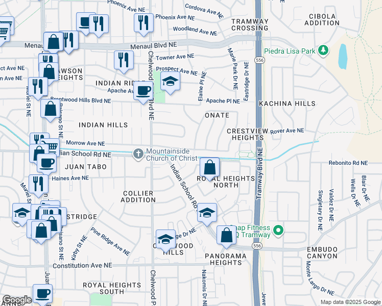 map of restaurants, bars, coffee shops, grocery stores, and more near 12444 Morrow Avenue Northeast in Albuquerque