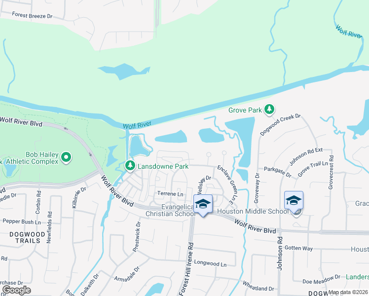 map of restaurants, bars, coffee shops, grocery stores, and more near 9110 Baynard Loop N in Memphis