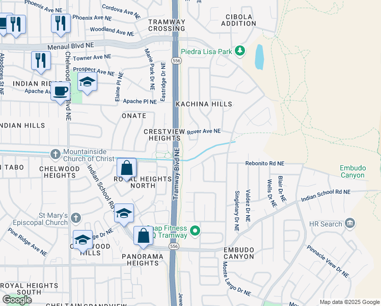 map of restaurants, bars, coffee shops, grocery stores, and more near 1812 Father Sky Street Northeast in Albuquerque