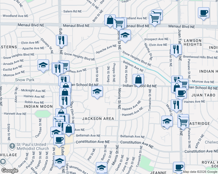 map of restaurants, bars, coffee shops, grocery stores, and more near 1 Westlake Drive Northeast in Albuquerque