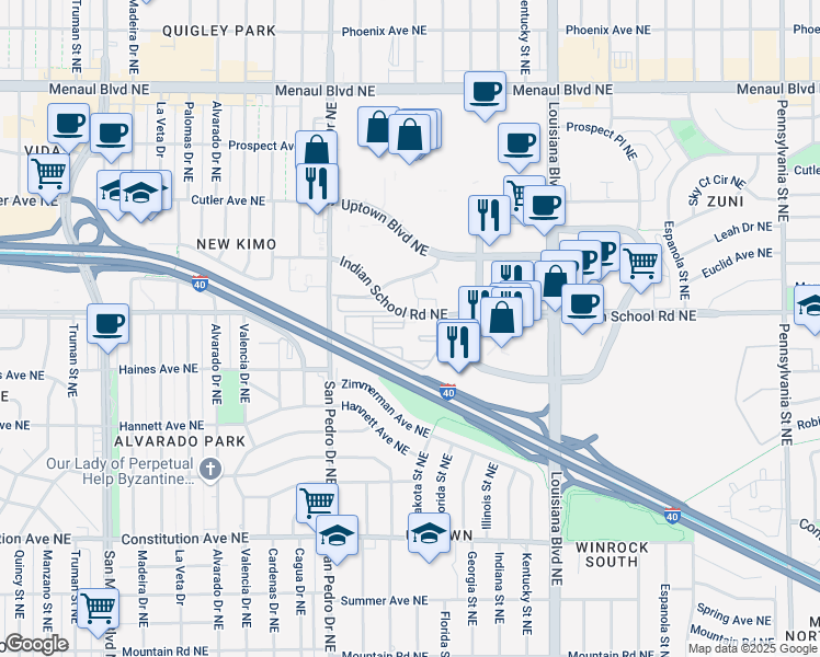 map of restaurants, bars, coffee shops, grocery stores, and more near 6220 Indian School Road Northeast in Albuquerque