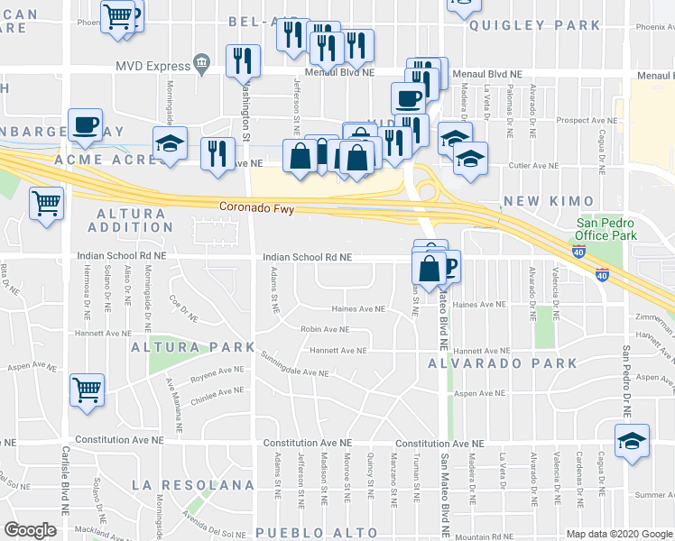 map of restaurants, bars, coffee shops, grocery stores, and more near 4710 Indian School Road Northeast in Albuquerque