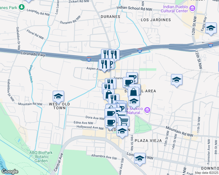 map of restaurants, bars, coffee shops, grocery stores, and more near 806 Southeast Circle Northwest in Albuquerque