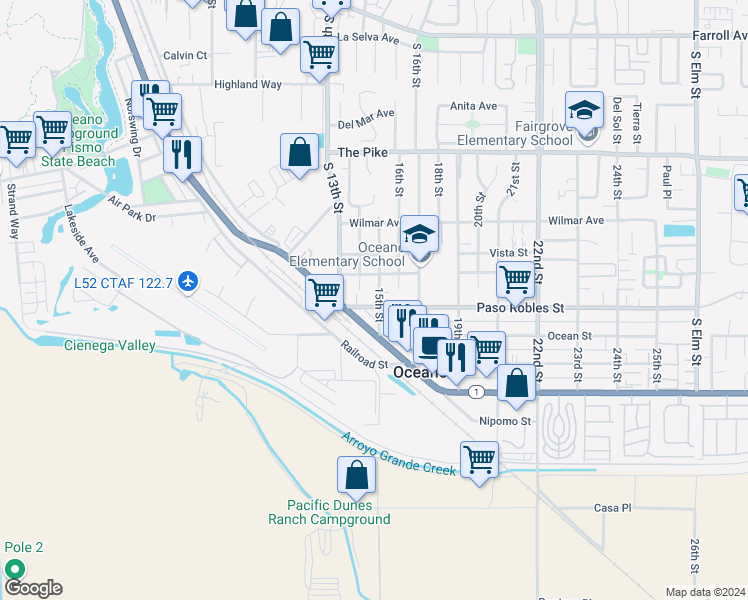 map of restaurants, bars, coffee shops, grocery stores, and more near 1391 Paso Robles Street in Oceano
