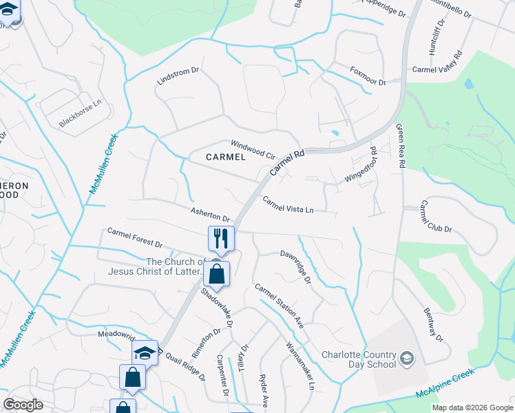 map of restaurants, bars, coffee shops, grocery stores, and more near 5508 Carmel Road in Charlotte