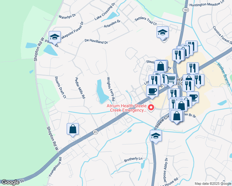 map of restaurants, bars, coffee shops, grocery stores, and more near 12209 Whiteside Drive in Charlotte