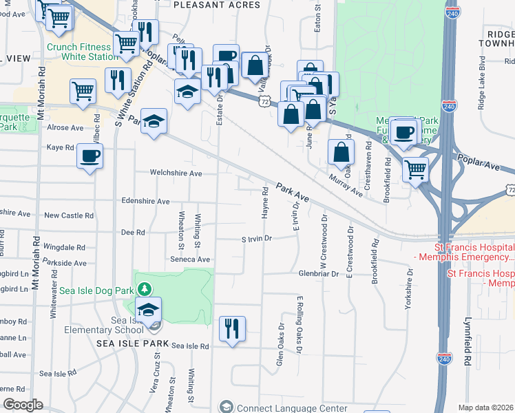 map of restaurants, bars, coffee shops, grocery stores, and more near 1105 Hayne Road in Memphis