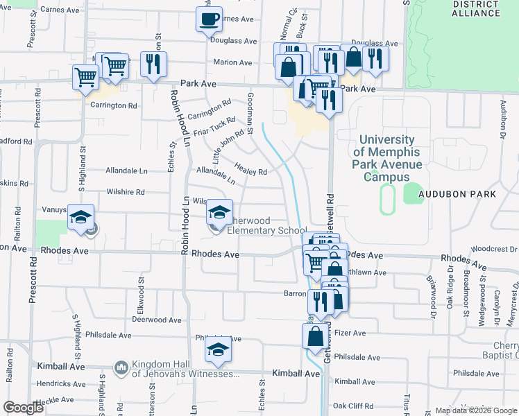 map of restaurants, bars, coffee shops, grocery stores, and more near 3815 Wilshire Road in Memphis
