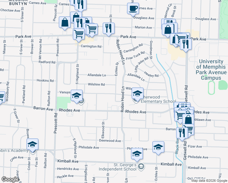 map of restaurants, bars, coffee shops, grocery stores, and more near in Memphis