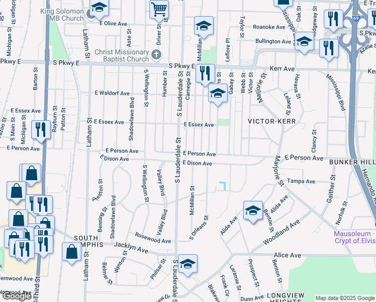 map of restaurants, bars, coffee shops, grocery stores, and more near 1667 Carnegie Street in Memphis