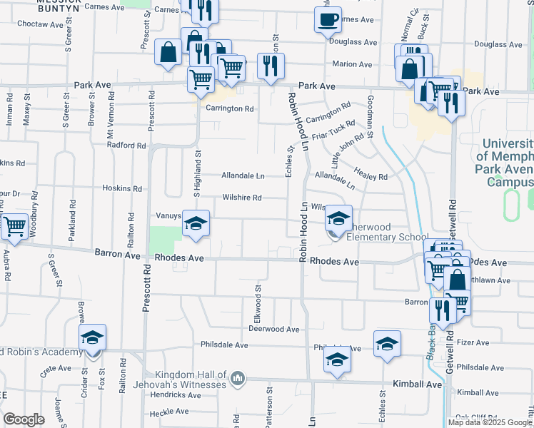map of restaurants, bars, coffee shops, grocery stores, and more near 3620 Vanuys Road in Memphis
