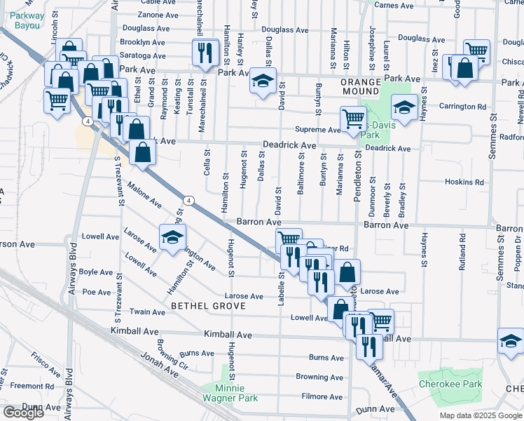 map of restaurants, bars, coffee shops, grocery stores, and more near 1602 Dallas Street in Memphis