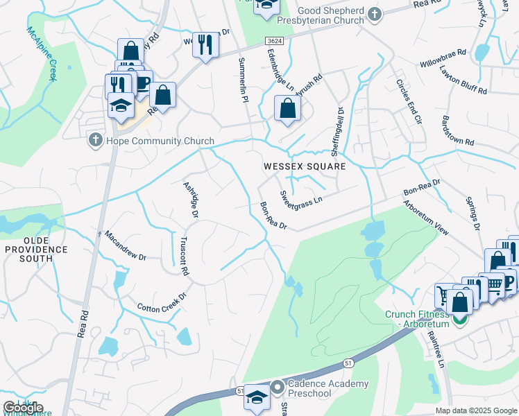 map of restaurants, bars, coffee shops, grocery stores, and more near 3903 Bon-Rea Drive in Charlotte