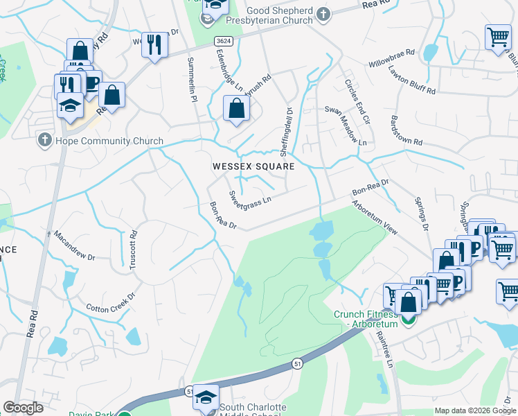 map of restaurants, bars, coffee shops, grocery stores, and more near 3733 Sweetgrass Lane in Charlotte