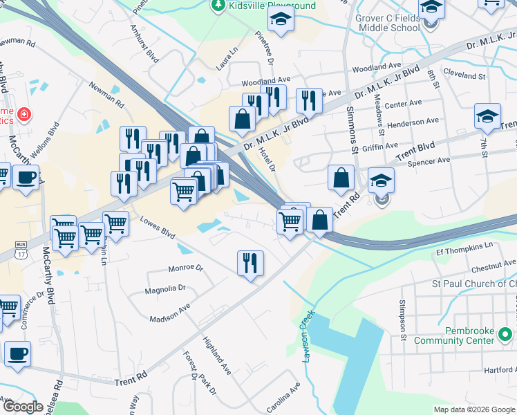 map of restaurants, bars, coffee shops, grocery stores, and more near 3001 Guilford Court in New Bern