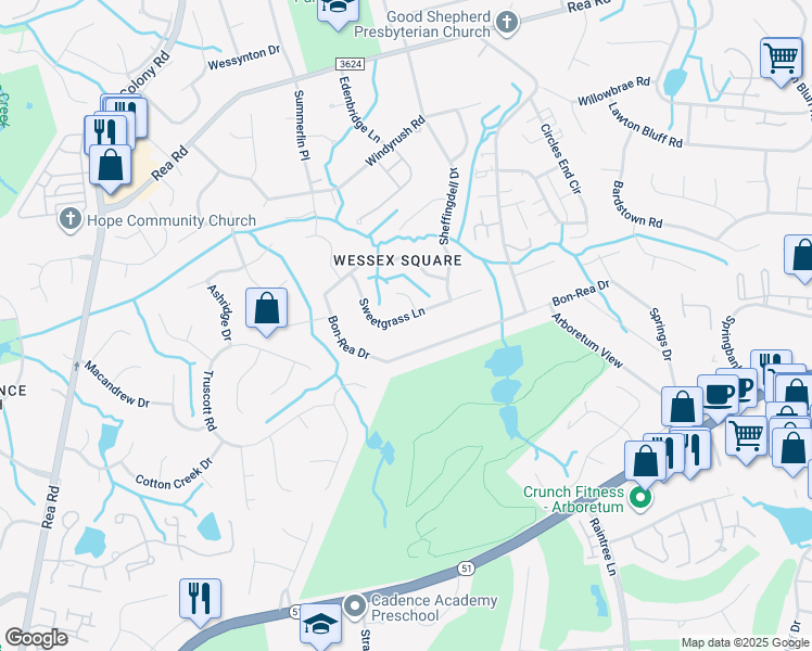 map of restaurants, bars, coffee shops, grocery stores, and more near 3733 Sweetgrass Lane in Charlotte