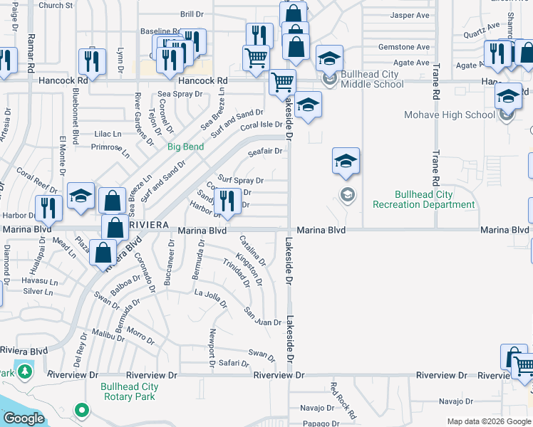 map of restaurants, bars, coffee shops, grocery stores, and more near 949 Harbor Drive in Bullhead City