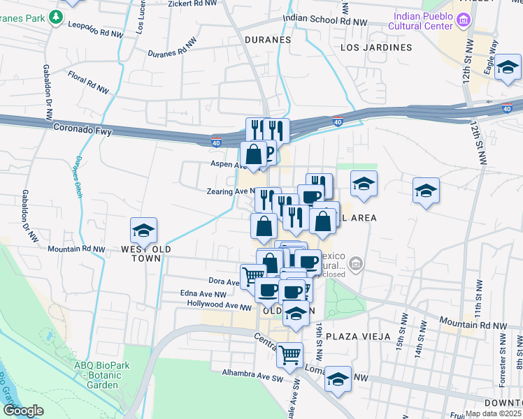 map of restaurants, bars, coffee shops, grocery stores, and more near 806 Southeast Circle Northwest in Albuquerque