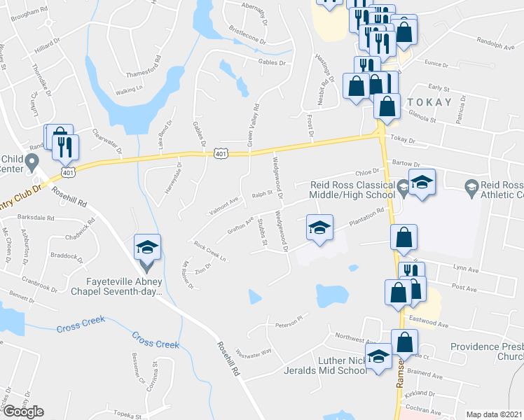 map of restaurants, bars, coffee shops, grocery stores, and more near 430 Grafton Avenue in Fayetteville