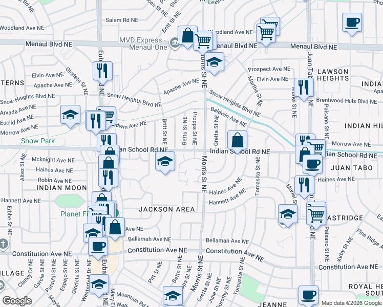 map of restaurants, bars, coffee shops, grocery stores, and more near 1 Westlake Drive Northeast in Albuquerque