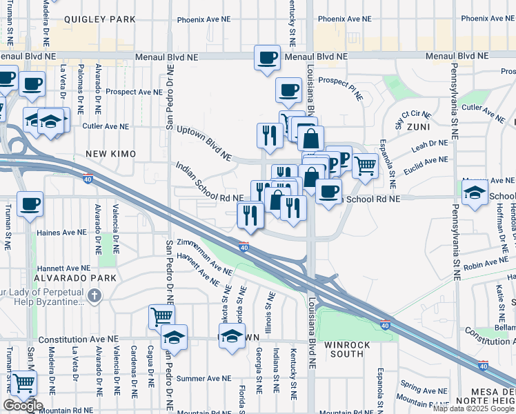 map of restaurants, bars, coffee shops, grocery stores, and more near 6400 Americas Parkway in Albuquerque