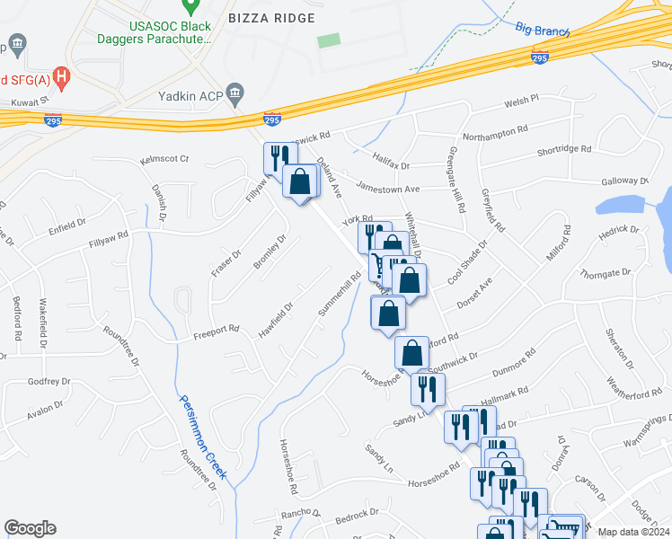map of restaurants, bars, coffee shops, grocery stores, and more near 6337 Hawfield Drive in Fayetteville